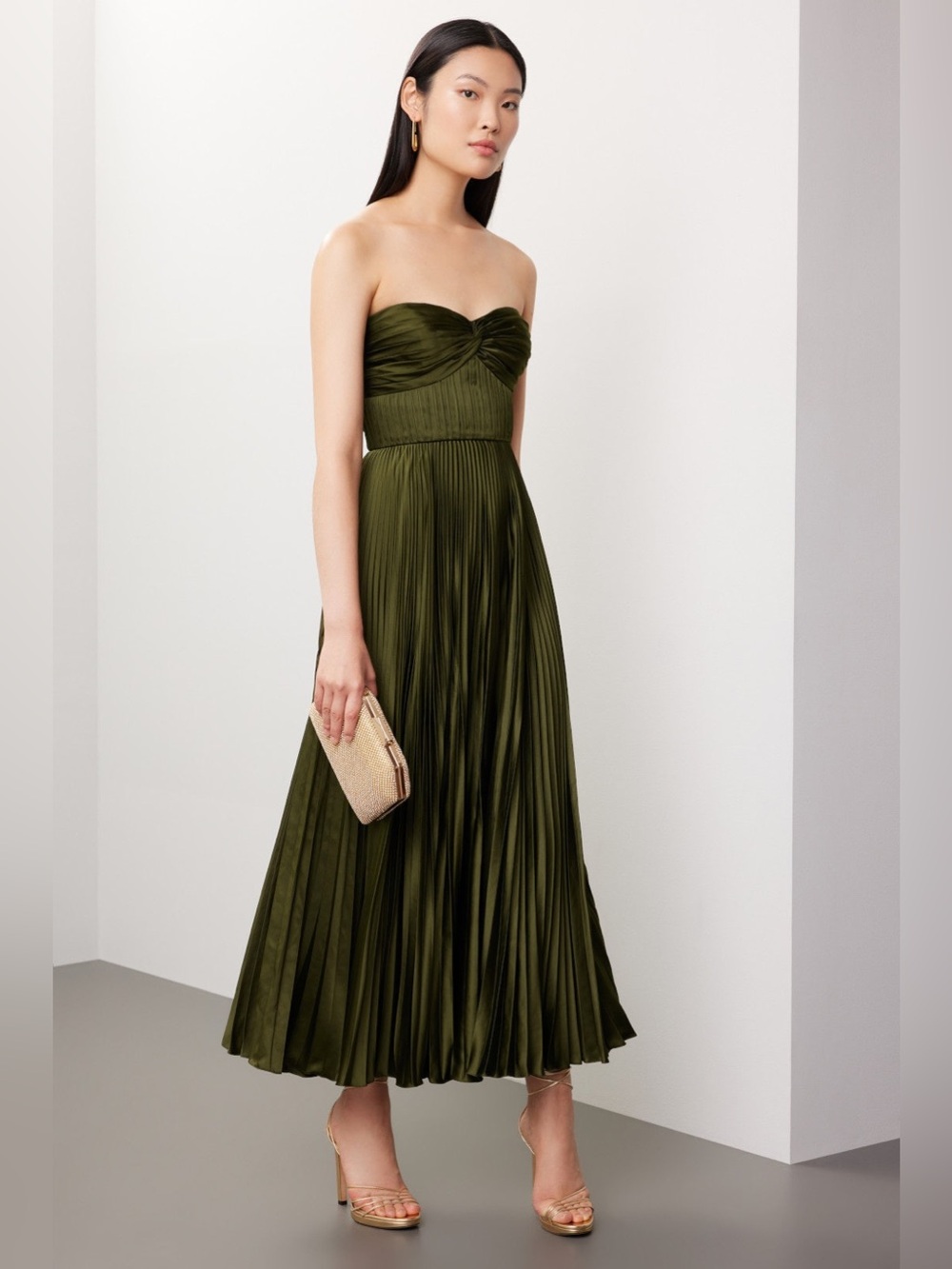 Amur strapless olive pleated gown size 8